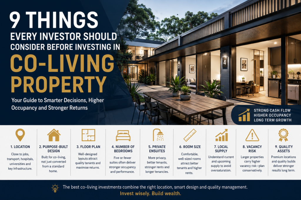 Promotional infographic about co-living investment: bold headline '9 Things Every Investor Should Consider Before Investing in Co-Living Property' over a modern courtyard.